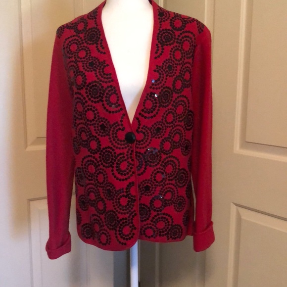 Sweater jacket-red with black design and sequin - Picture 1 of 5